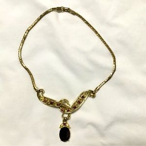 CoroCraft Vintage 15” Herringbone chain Necklace & Pendant with purple stones.